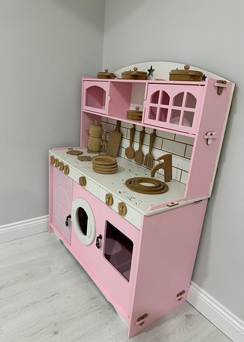 Pastel Pembe Ahşap Çocuk Oyun Mutfak Seti - Görsel 2