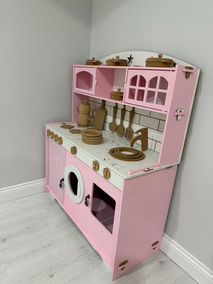 Pastel Pembe Ahşap Çocuk Oyun Mutfak Seti - Görsel 2