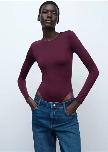 Zara Bordo Uzun Kollu Dar Kesim Bluz