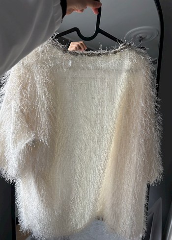 Beyaz Örgü Keten Midi Hırka - Görsel 2