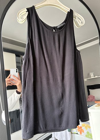 Siyah V Yakalı Keten Salaş Kadın Atlet - Görsel 2