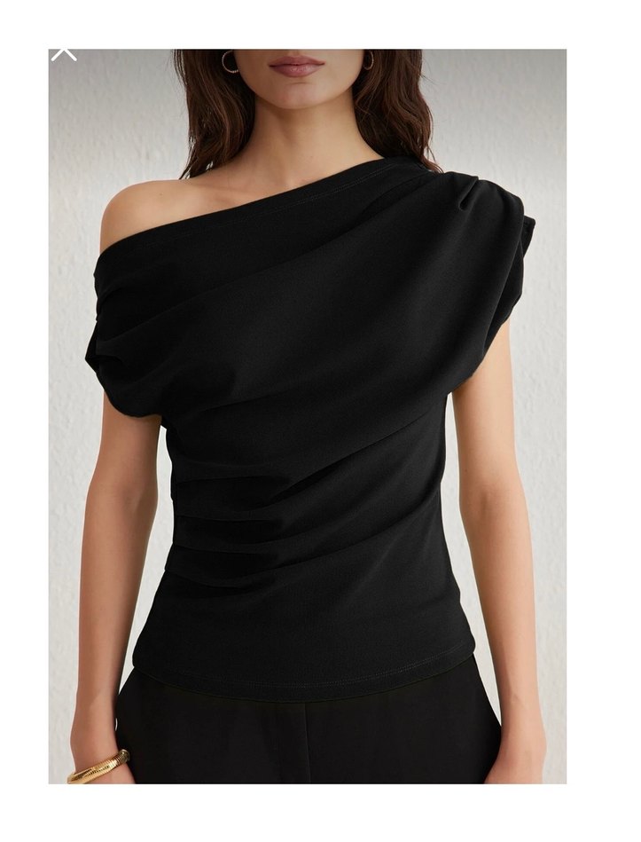 Saten Siyah Drapeli Straplez Bluz - Görsel 2