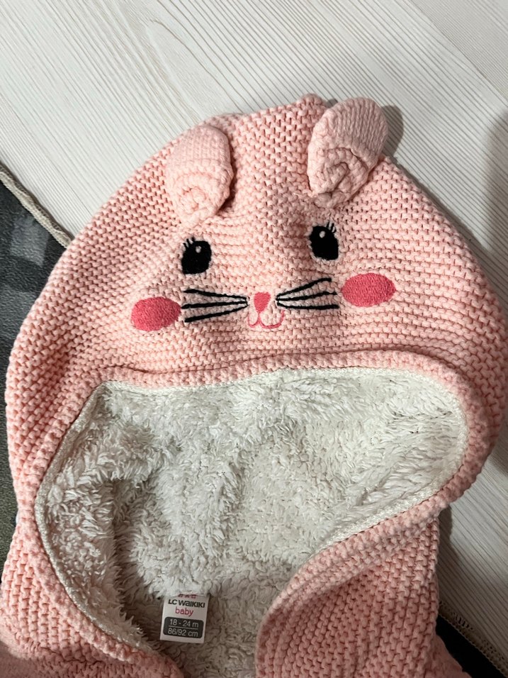 Kız Çocuk Kapüşonlu Örgü Pembe Yelek - Görsel 2