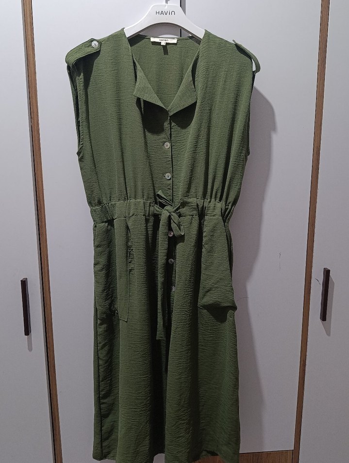 Kadın Keten Düğmeli Uzun Tulum - Görsel 2