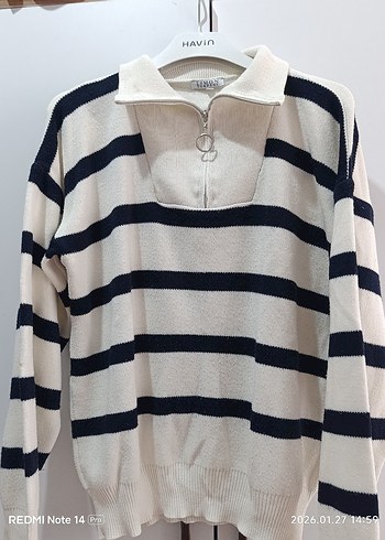 Çizgili Yakalı Kadın Triko Kazak - Görsel 5