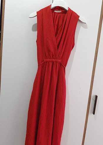 Kırmızı Keten V Yakalı Uzun Elbise - Görsel 2