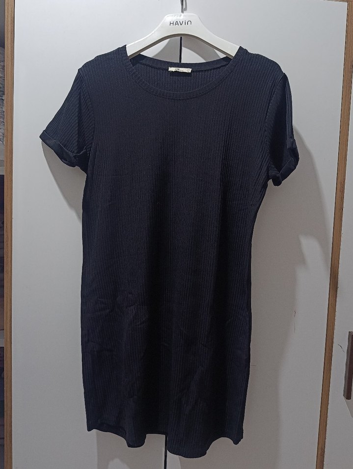 Siyah Kısa Kollu Midi Keten Elbise - Görsel 3