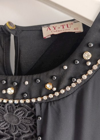 Siyah Uzun Kollu İşlemeli Kadın Elbise - Görsel 6