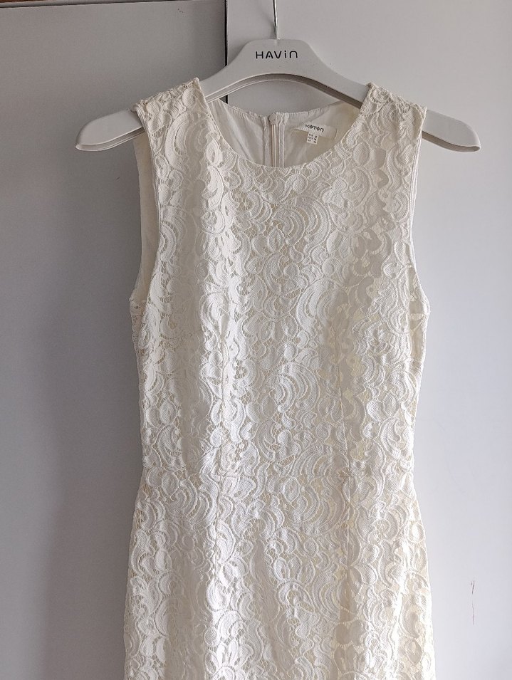 Dantel İşlemeli Beyaz Midi Elbise - Görsel 4