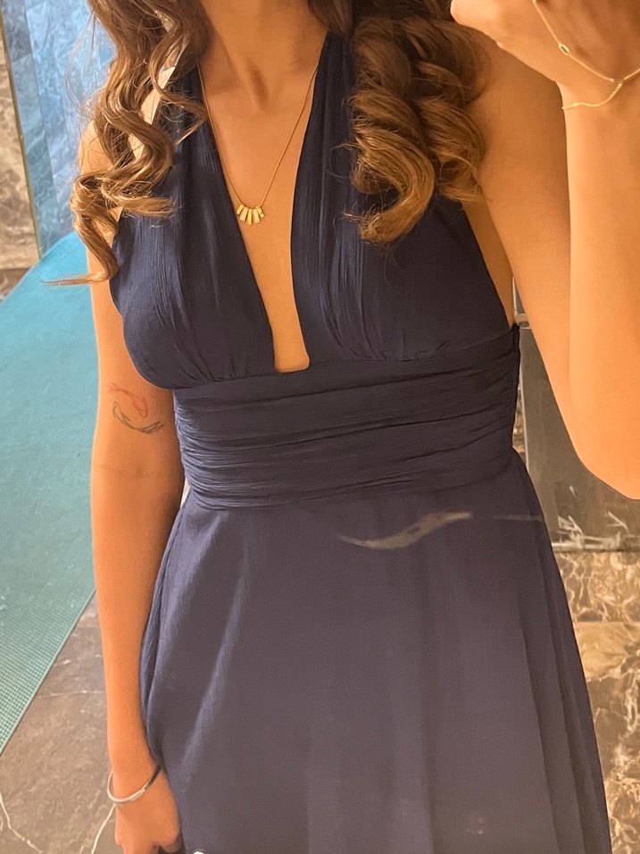 Mavi V Yaka Uzun Drapeli Elbise - Görsel 2