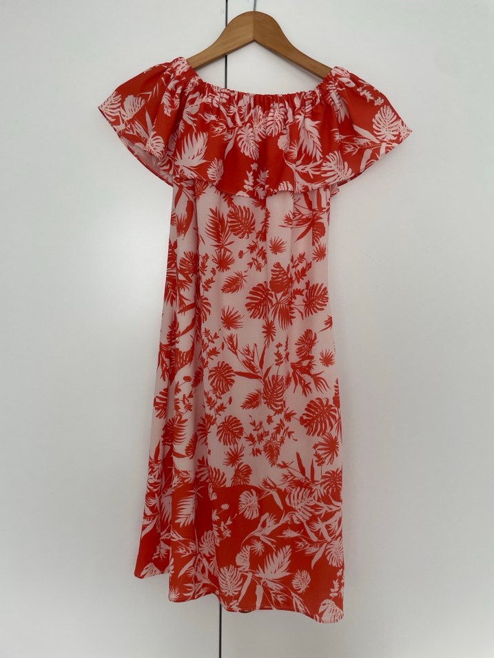 Kırmızı Baskılı Volanlı Midi Elbise - Görsel 2