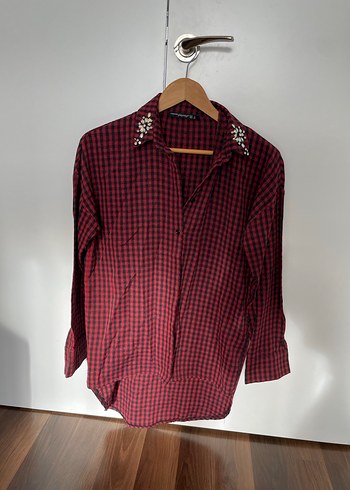 Bordo Kareli Düğmeli Kadın Gömlek - Görsel 2