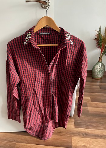Bordo Kareli Düğmeli Kadın Gömlek - Görsel 3