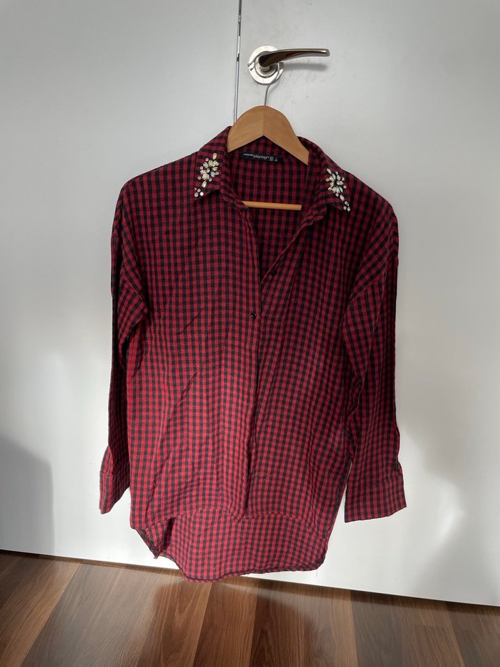 Bordo Kareli Düğmeli Kadın Gömlek - Görsel 2