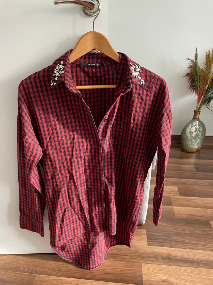 Bordo Kareli Düğmeli Kadın Gömlek - Görsel 3