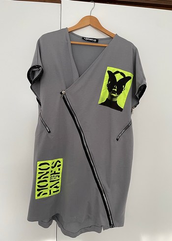 Gri Baskılı, Fermuarlı, Kolsuz Mini Tunik - Görsel 2