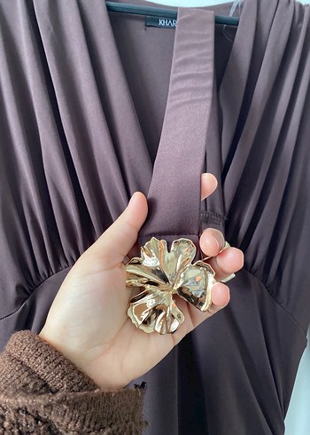 Kahverengi Uzun Drapeli Kadın Elbise - Görsel 4