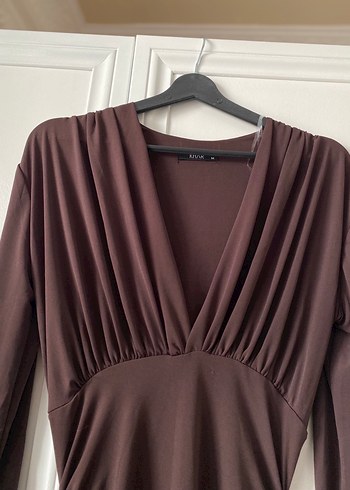 Kahverengi Uzun Drapeli Kadın Elbise - Görsel 5