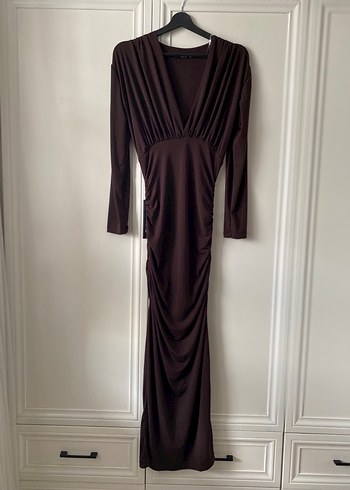 Kahverengi Uzun Drapeli Kadın Elbise - Görsel 7