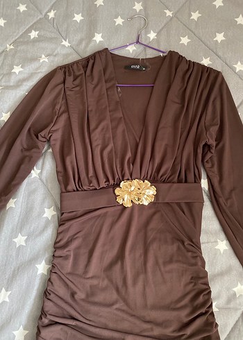 Kahverengi Uzun Drapeli Kadın Elbise - Görsel 2