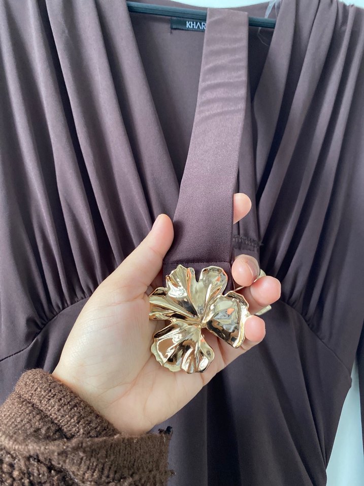 Kahverengi Uzun Drapeli Kadın Elbise - Görsel 4