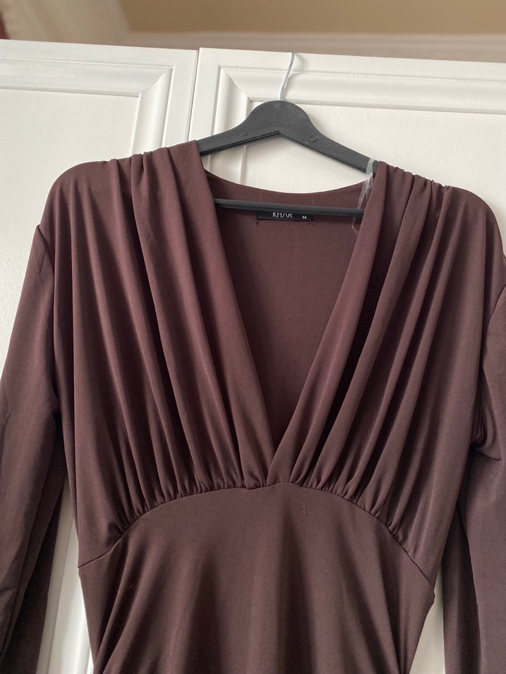 Kahverengi Uzun Drapeli Kadın Elbise - Görsel 5