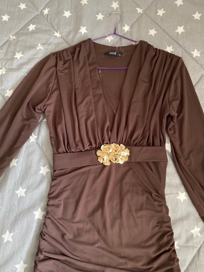 Kahverengi Uzun Drapeli Kadın Elbise - Görsel 2