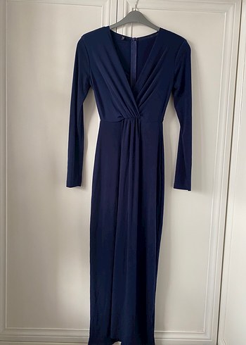 Uzun Kollu Drapeli Lacivert Elbise - Görsel 2