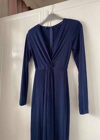 Uzun Kollu Drapeli Lacivert Elbise - Görsel 3