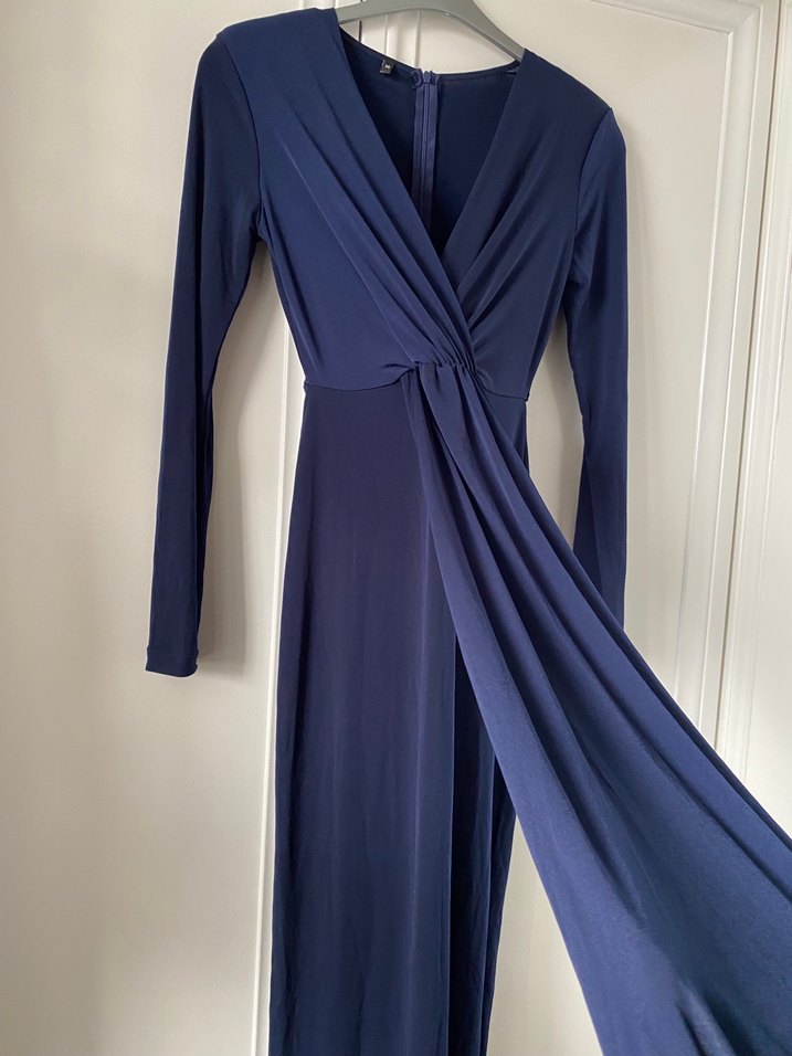 Uzun Kollu Drapeli Lacivert Elbise - Görsel 4