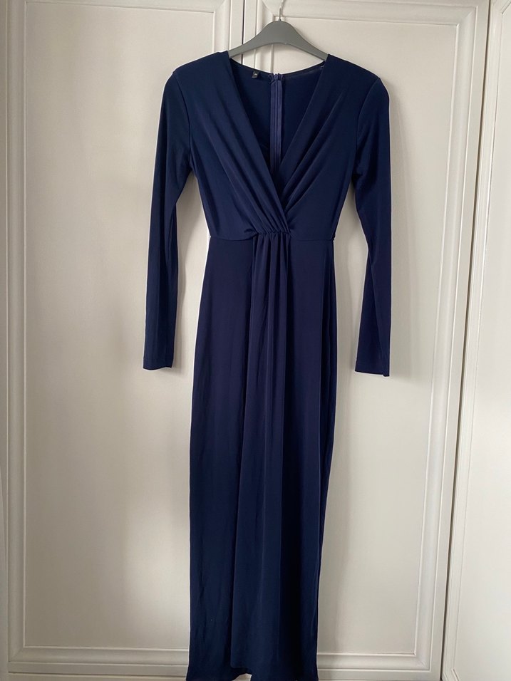 Uzun Kollu Drapeli Lacivert Elbise - Görsel 2