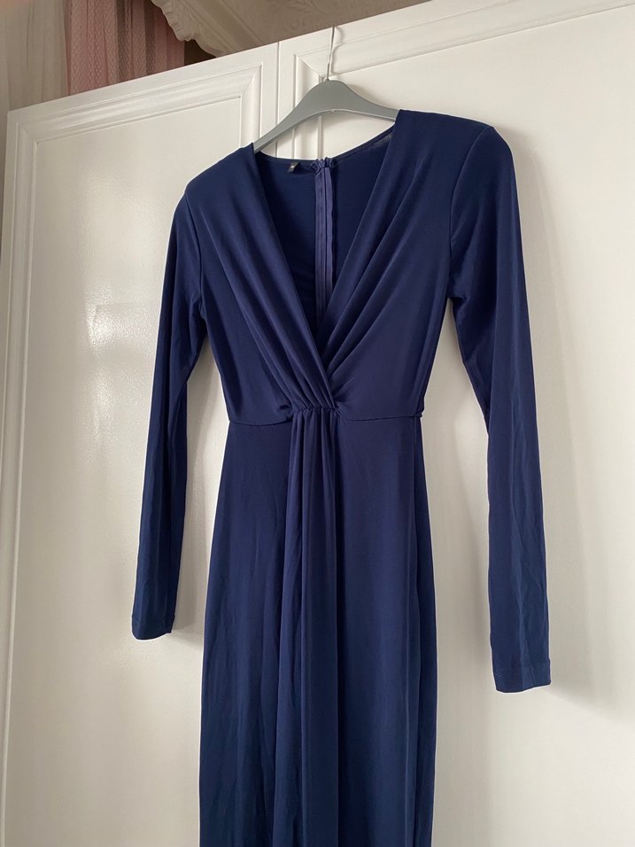 Uzun Kollu Drapeli Lacivert Elbise - Görsel 3