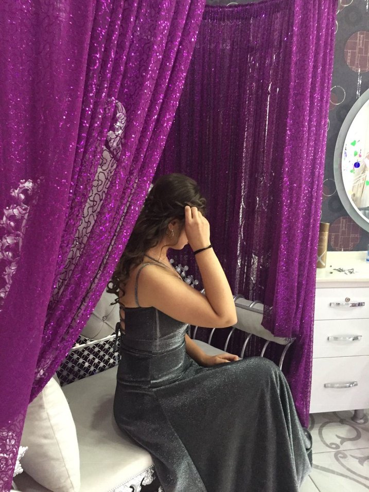 Simli Antrasit Uzun Straplez Elbise - Görsel 3