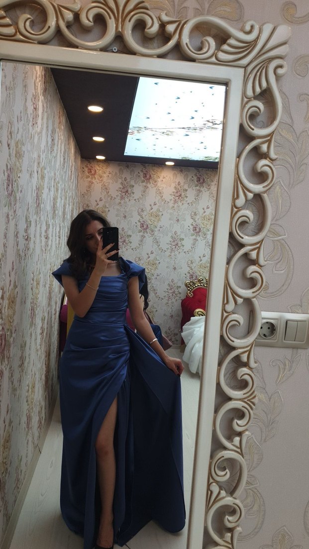 Mavi Saten Drapeli Kadın Abiye Elbise - Görsel 2