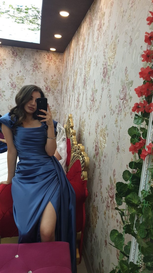 Mavi Saten Drapeli Kadın Abiye Elbise - Görsel 3