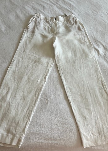 Beyaz Keten Rahat Kesim Midi Kadın Pantolon - Görsel 8