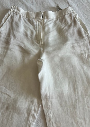 Beyaz Keten Rahat Kesim Midi Kadın Pantolon - Görsel 7