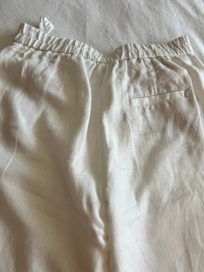 Beyaz Keten Rahat Kesim Midi Kadın Pantolon - Görsel 2