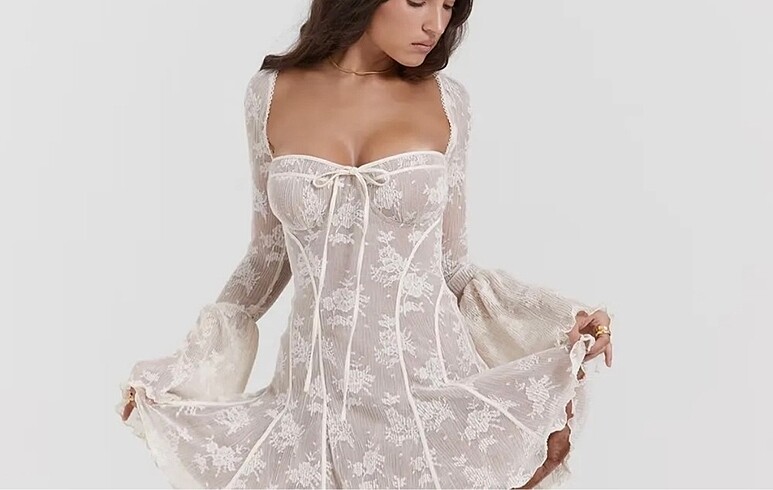 m Beden beyaz Renk Odelia Sweetheart Dantel Flare Mini Elbise - Sunfere