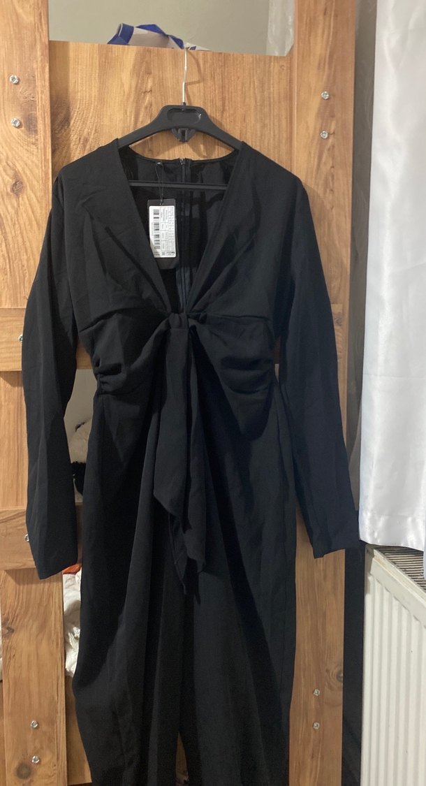 Uzun Kollu Siyah Drapeli Uzun tulum - Görsel 2