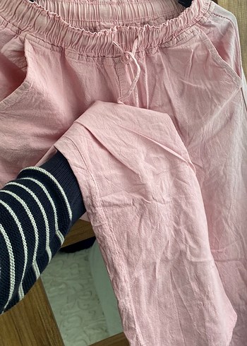 Pembe Keten Salaş Midi Kadın Pantolon - Görsel 3