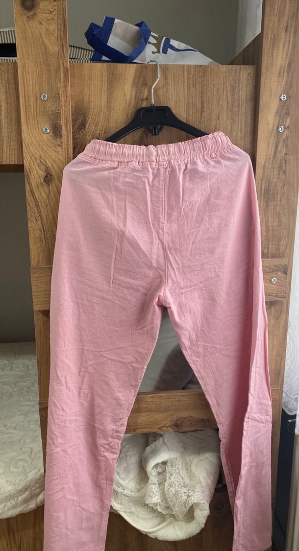 Pembe Keten Salaş Midi Kadın Pantolon - Görsel 2