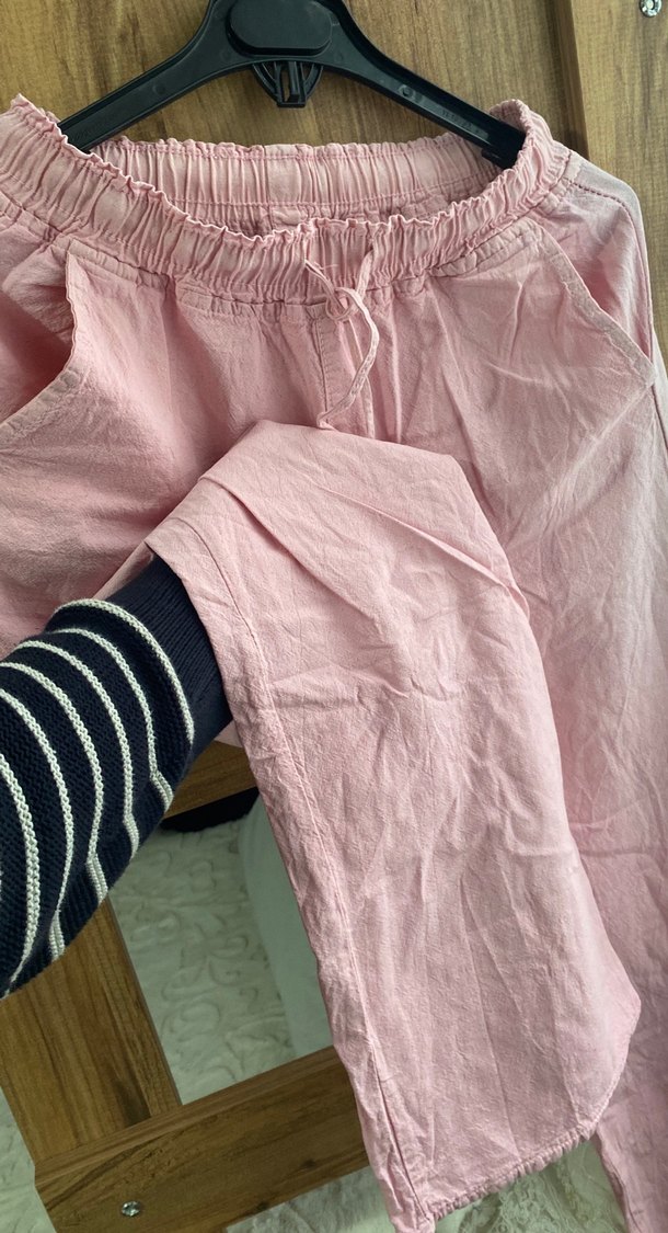 Pembe Keten Salaş Midi Kadın Pantolon - Görsel 3