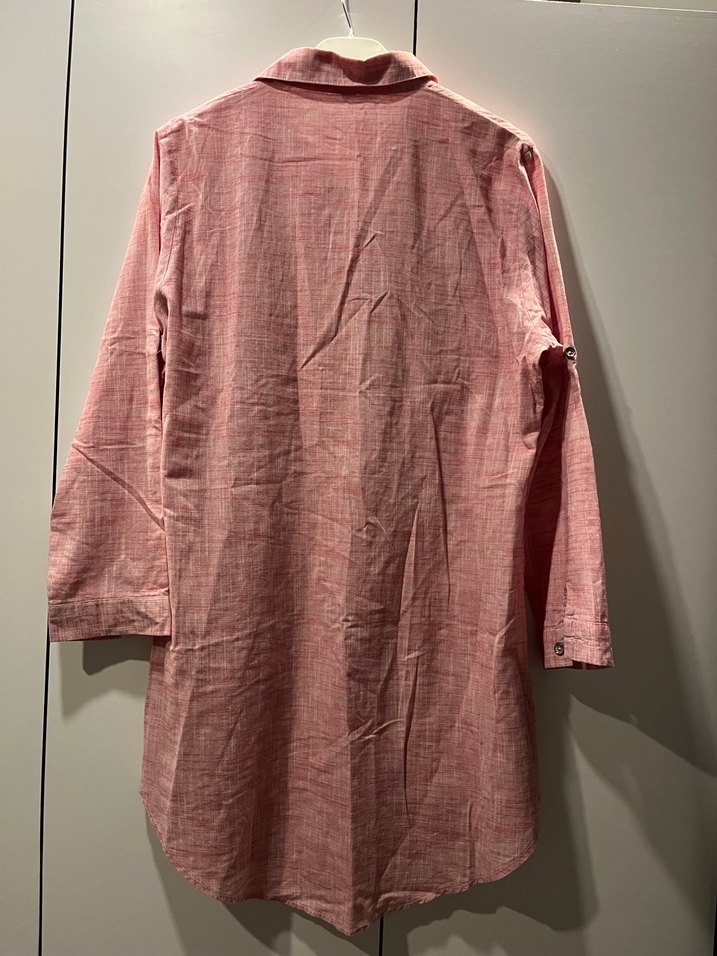 Pembe Nakışlı Uzun Keten Gömlek - Görsel 5