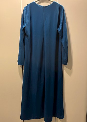 Düğmeli Mavi Uzun Kadın Elbise - Görsel 3