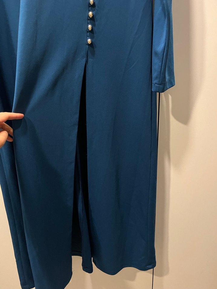 Düğmeli Mavi Uzun Kadın Elbise - Görsel 2