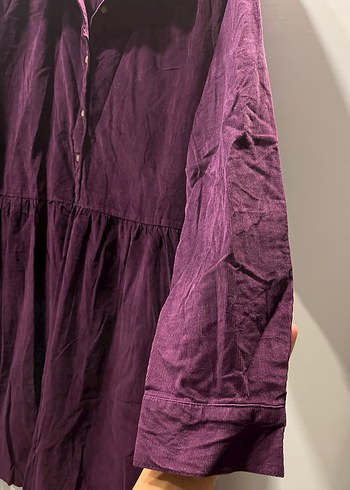 Düğmeli Uzun Mor Keten Kadın elbise - Görsel 3
