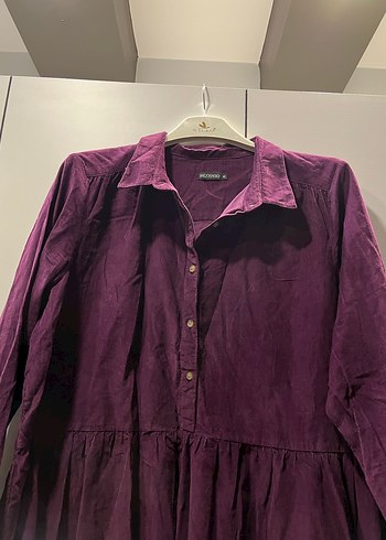 Düğmeli Uzun Mor Keten Kadın elbise - Görsel 4