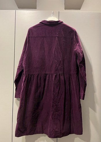 Düğmeli Uzun Mor Keten Kadın elbise - Görsel 5