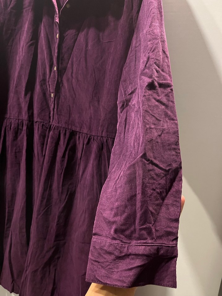 Düğmeli Uzun Mor Keten Kadın elbise - Görsel 3